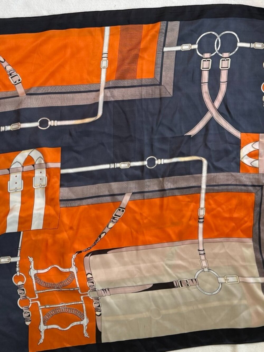 Equestrian Horse Bit Print Large Scarf 35x70 Orange Navy Cream Wrap Shawl